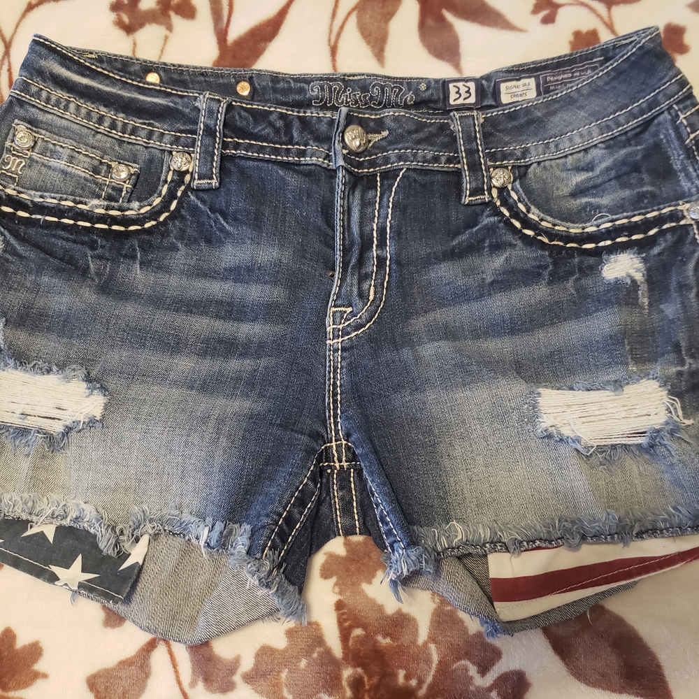 4th Of July Patriotic 33 Miss Me Blue Jean Shorts with Distressed Detailing